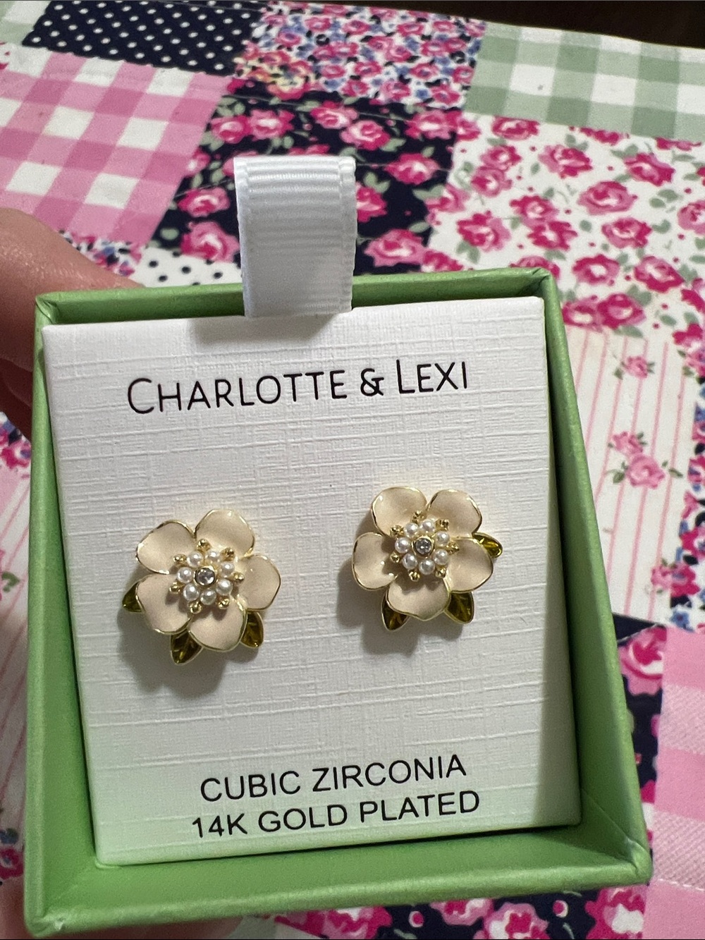 New Charlotte & Lexi Cream Flower Cubic Zirconia 14K Gold Plated Stud Earrings